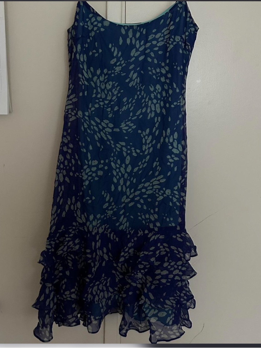 Vintage BCBGMaxAzria Navy and Teal Floral Ruffle-Hem Midi Dress